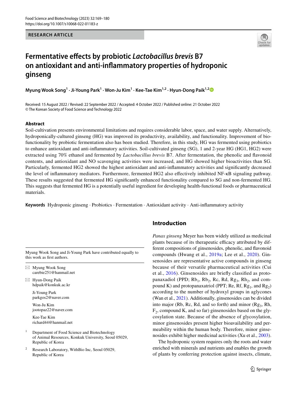 Fermentative effects by probiotic Lactobacillus brevis B7 on antioxidant and anti-inflammatory properties of hydroponic ginseng first page