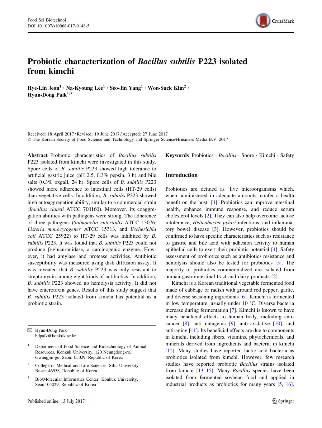 Probiotic characterization of Bacillus subtilis P223 isolated from kimchi first page