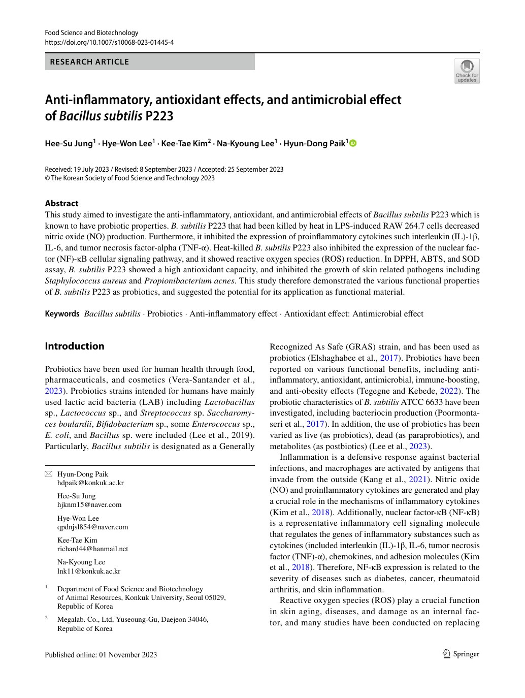 Anti-inflammatory, antioxidant effects, and antimicrobial effect of Bacillus subtilis P223 first page