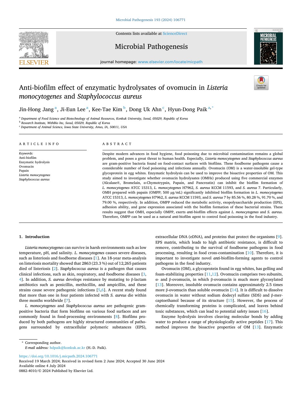 Anti-biofilm effect of enzymatic hydrolysates of ovomucin in Listeria monocytogenes and Staphylococcus aureus first page