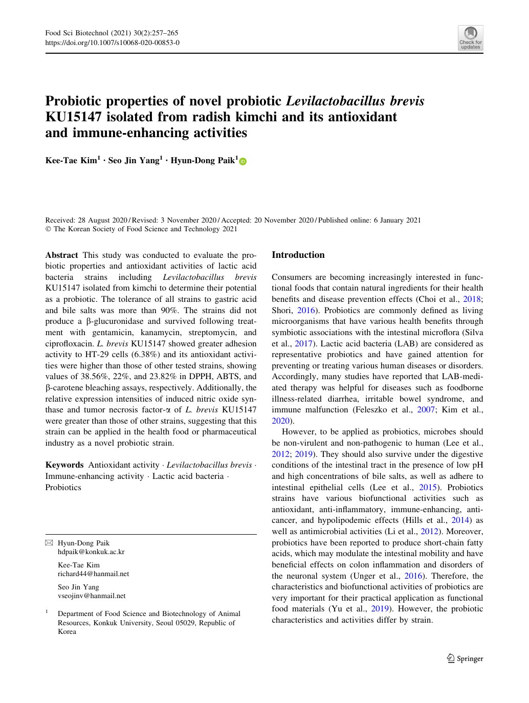 Probiotic properties of novel probiotic Levilactobacillus brevis KU15147 isolated from radish kimchi and its antioxidant and immune-enhancing activities first page