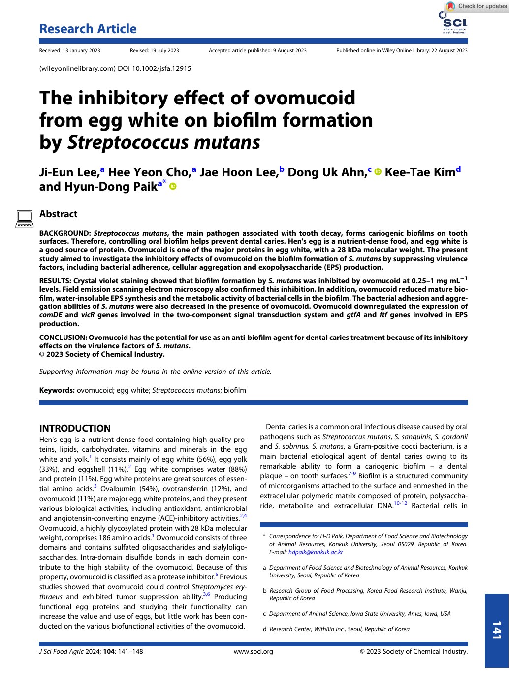 The inhibitory effect of ovomucoid from egg white on biofilm formation by Streptococcus mutans first page