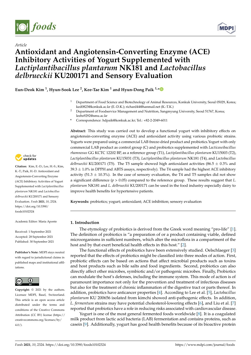 Antioxidant and Angiotensin-Converting Enzyme (ACE) Inhibitory Activities of Yogurt Supplemented with Lactiplantibacillus plantarum NK181 and Lactobacillus delbrueckii KU200171 and Sensory Evaluation first page