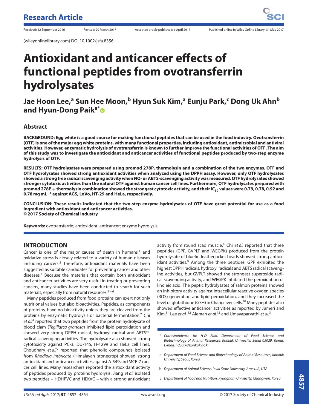 Antioxidant and anticancer effects of functional peptides from ovotransferrin hydrolysates: Antioxidant and anticancer effects of ovotransferrin hydrolysates first page